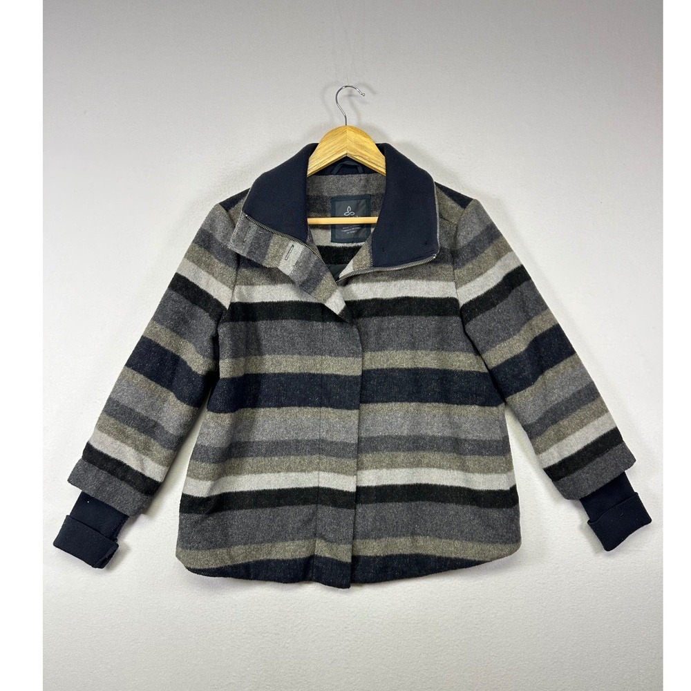 Gorpcore Prana Womens S Grey Striped Recycled Wool Blend Full Zip Jacket Coat